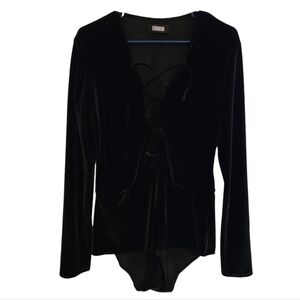 REFORMATION Velvet Long Sleeve Lace Up Deep Plunge Bodysuit
